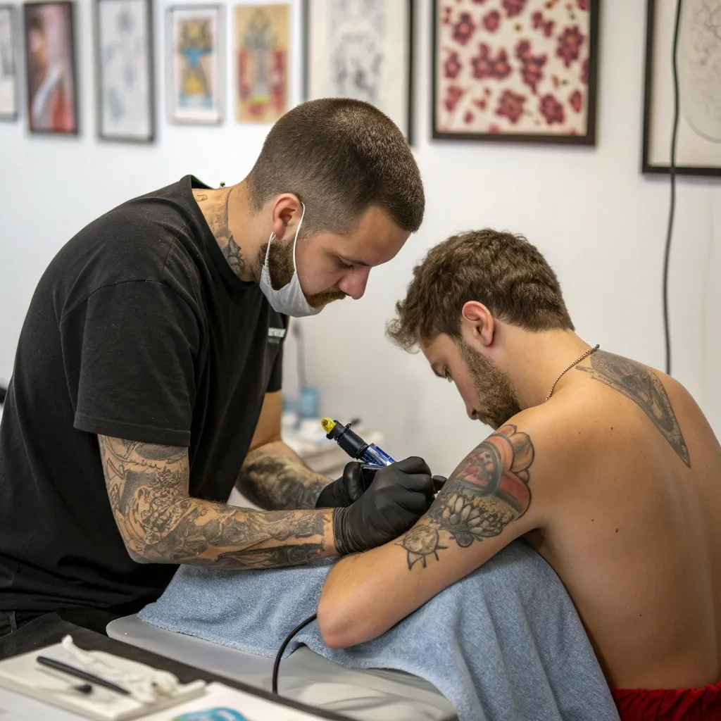 Tattoo artist working on a client